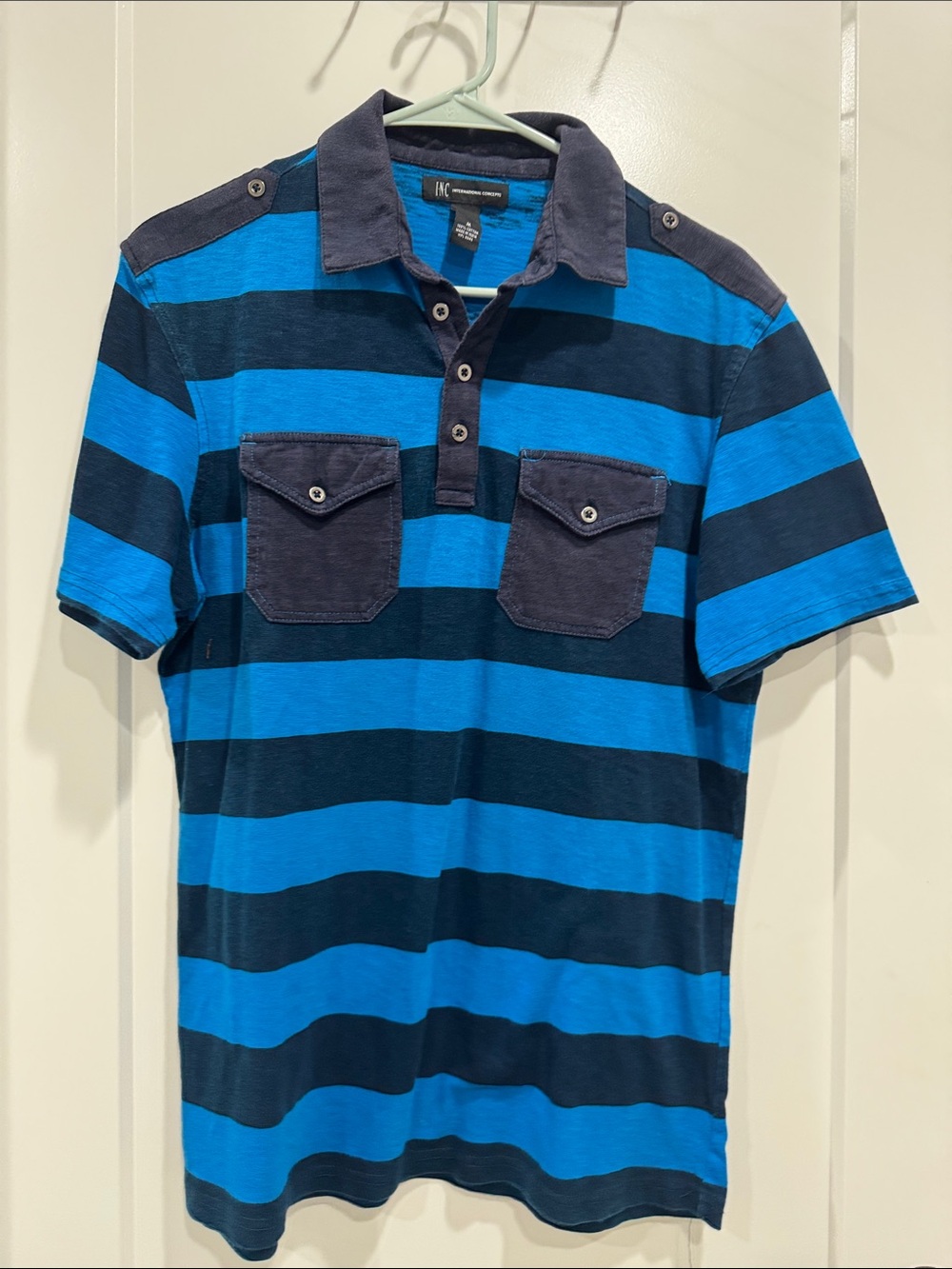 INC International Concepts Blue and Navy Striped Polo with Chest Pockets